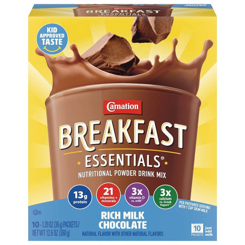 slide 1 of 7, Carnation Breakfast Essentials Powder Drink Mix Packets Rich Milk Chocolate - 12.6oz/10ct, 12.6 oz, 10 ct