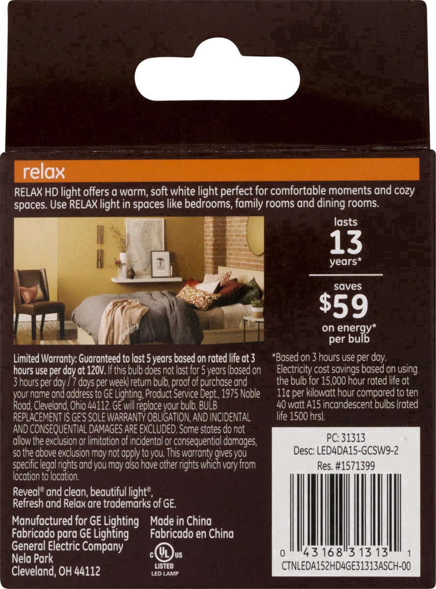 slide 3 of 30, GE 4-Watt Relax HD Clear Soft White A15 Light Bulbs, 2-Pack, 1 ct