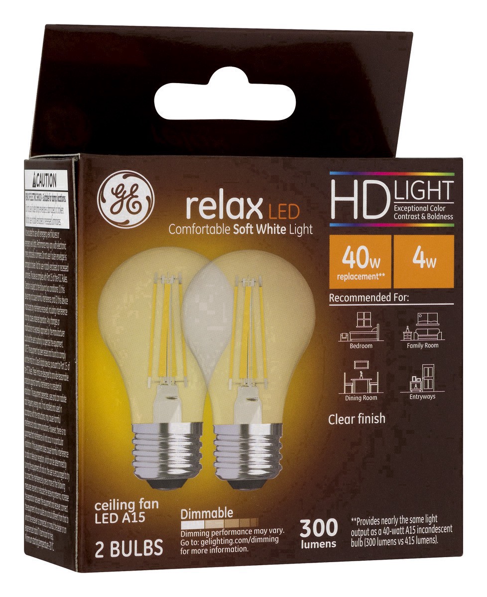 slide 20 of 30, GE 4-Watt Relax HD Clear Soft White A15 Light Bulbs, 2-Pack, 1 ct