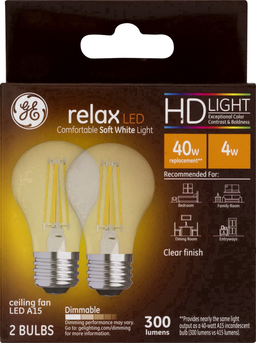 slide 21 of 30, GE 4-Watt Relax HD Clear Soft White A15 Light Bulbs, 2-Pack, 1 ct