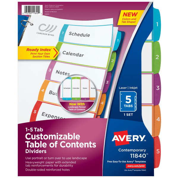 slide 1 of 9, Avery Ready Index Table Of Contents Dividers, White/Multicolor, 5 ct; 8 1/2 in x 11 in