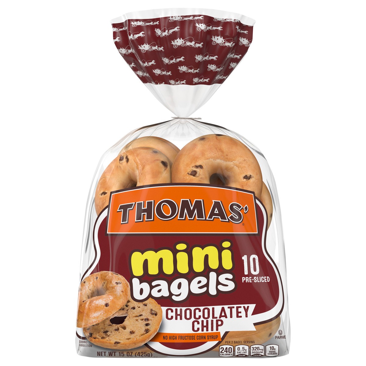 slide 1 of 1, Thomas' Chocolatey Chip Mini Bagels, 10 count, 15 oz, 10 ct