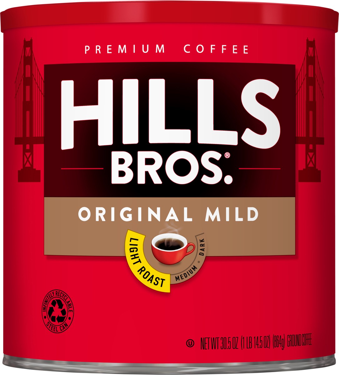 slide 4 of 7, Hills Bros. Original Mild Light Roast Ground Coffee 30.5 oz. Can, 30.5 oz