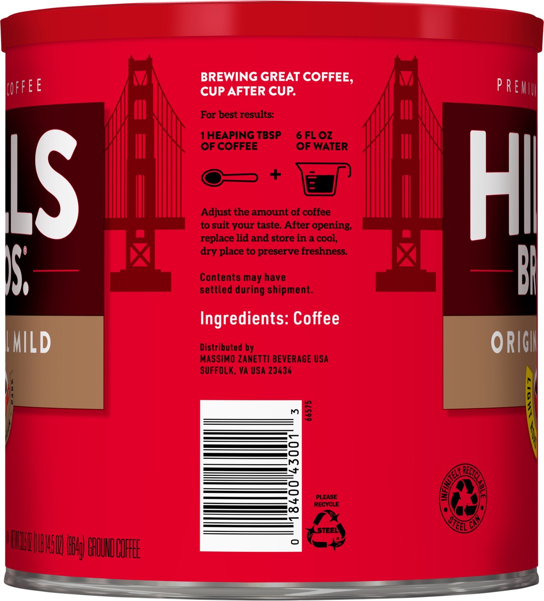 slide 6 of 7, Hills Bros. Original Mild Light Roast Ground Coffee 30.5 oz. Can, 30.5 oz