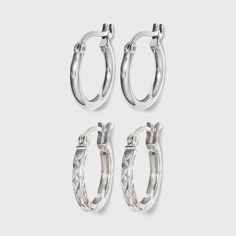 slide 1 of 2, Sterling Silver Tube and Square Cut Hoop Earring Set 3pc - A New Day™ Silver: Polished Nickel-Free Metal, Clip-In Clasp, 3 ct