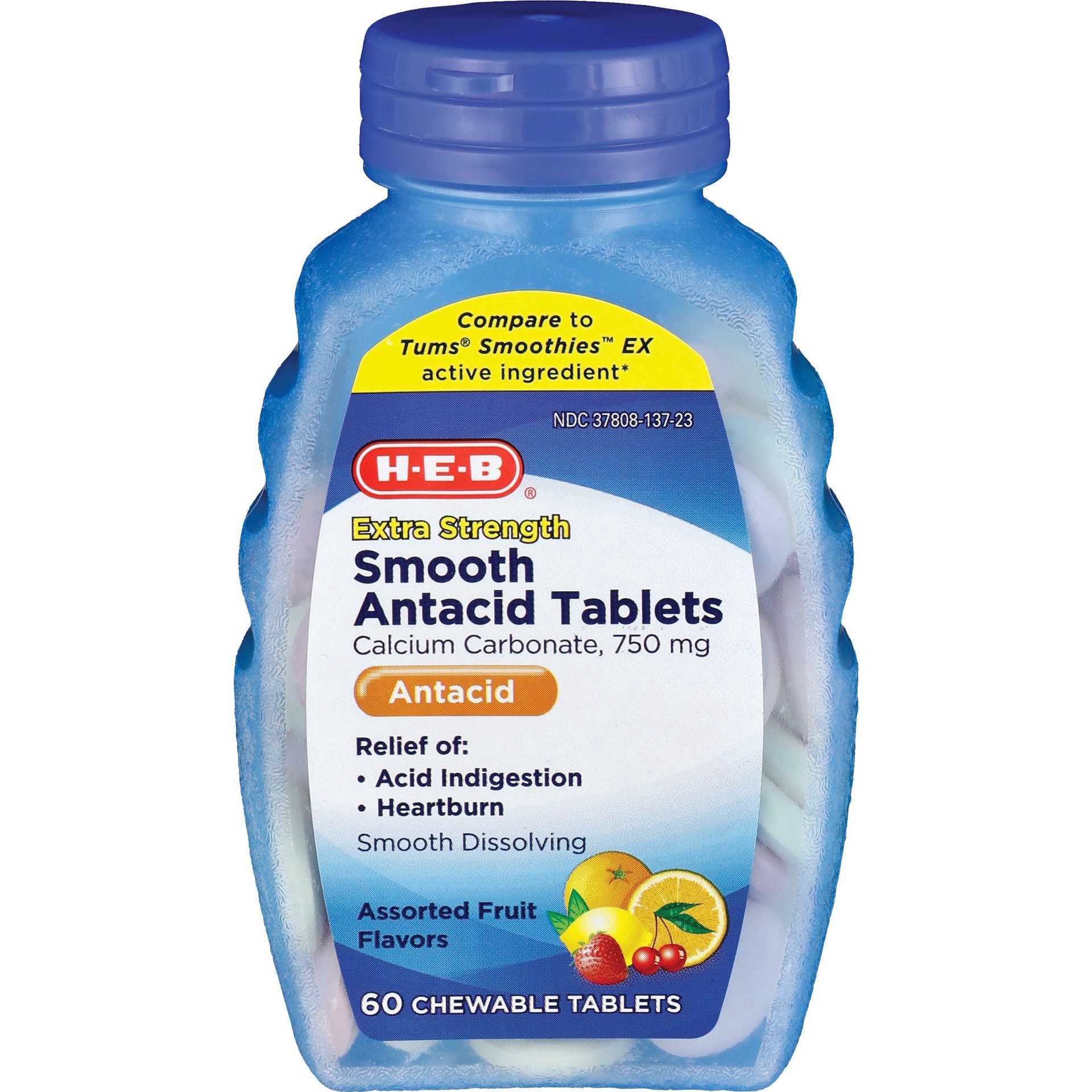 slide 1 of 1, H-E-B Extra Strength Smooth Antacid Assorted Fruit Flavors Chewable 750 mg Tablets, 60 ct