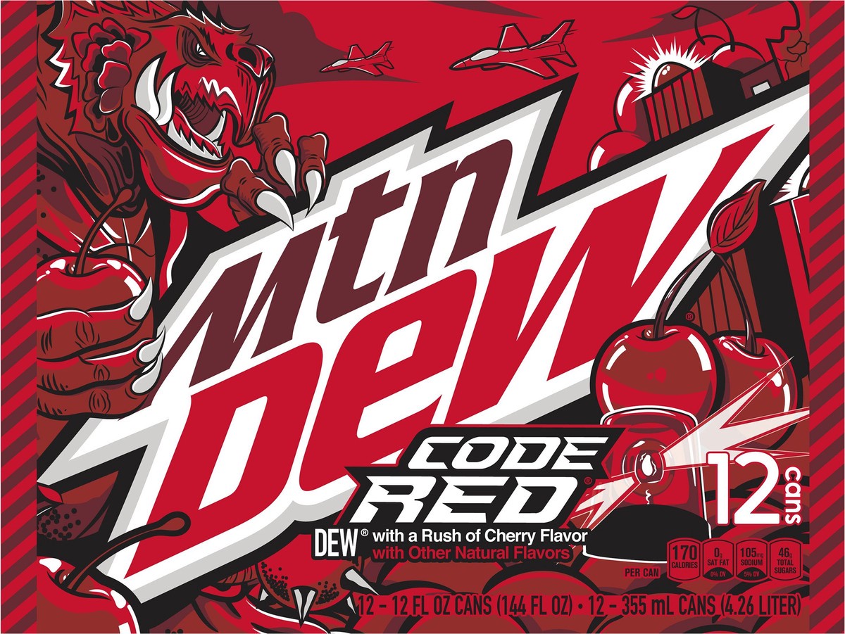 slide 1 of 10, Mountain Dew Code Red DEW Soda With A Rush Of Cherry - 12 ct, 12 ct; 12 fl oz