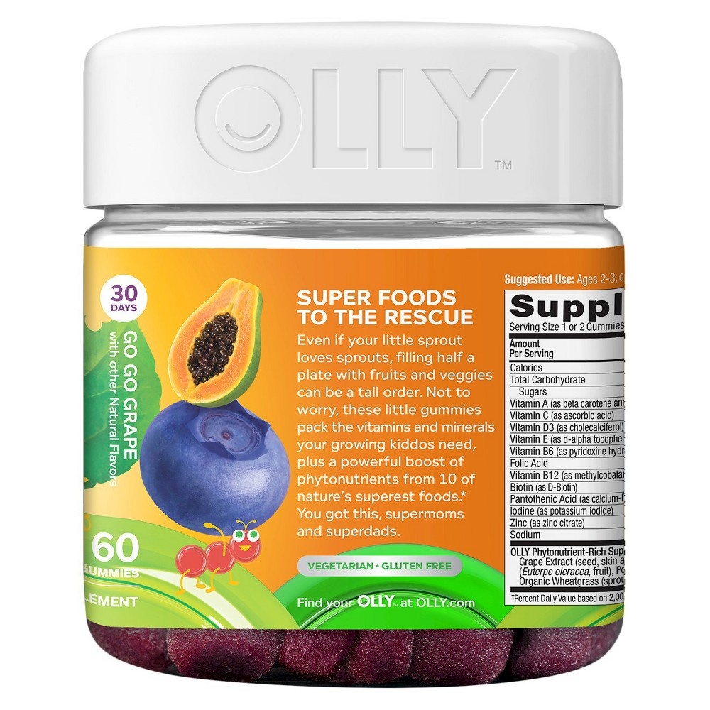 slide 3 of 5, Olly Kids' Super Foods Multivitamin Dietary Supplement Gummies - Go Go Grape, 60 ct