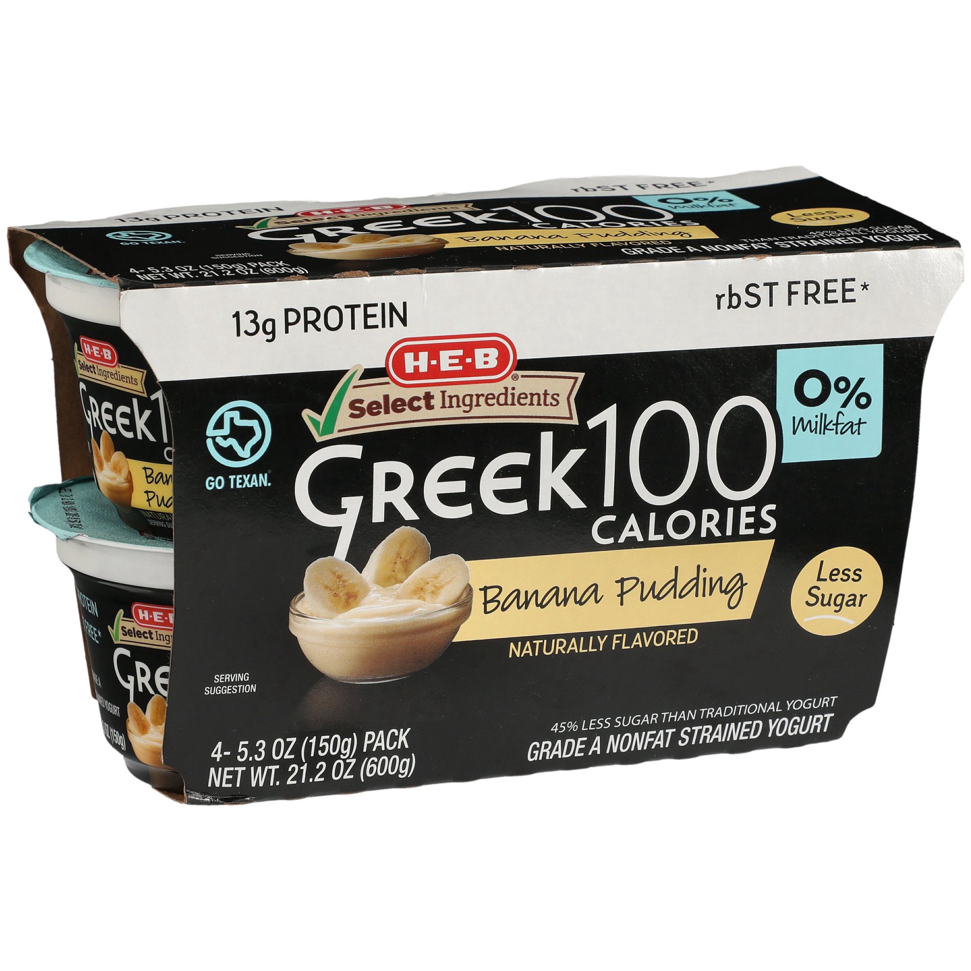 slide 1 of 1, H-E-B 13g Protein Greek 100 Calories Nonfat Yogurt - Banana Pudding, 4 ct