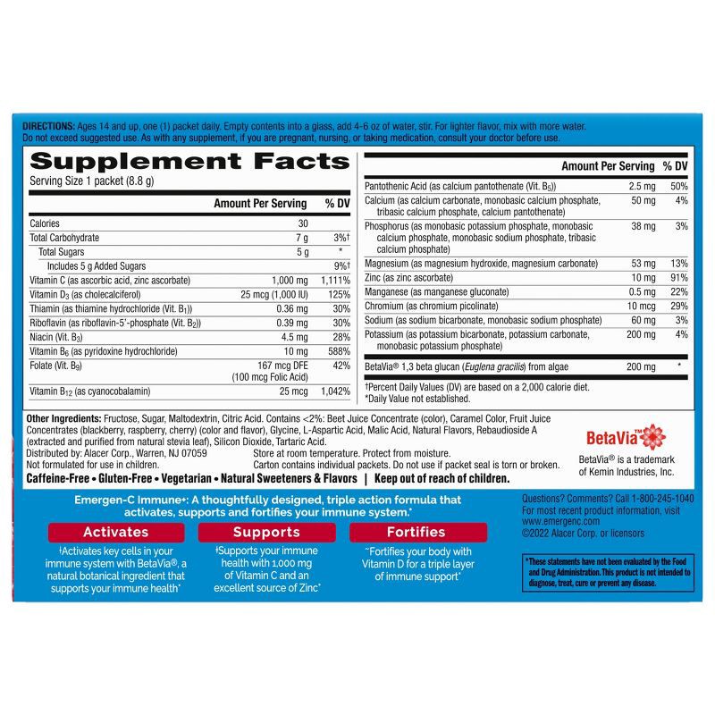 slide 2 of 8, Emergen-C Immune+ Dietary Supplement Powder Drink Mix with Vitamin C - Raspberry - 30ct, 30 ct