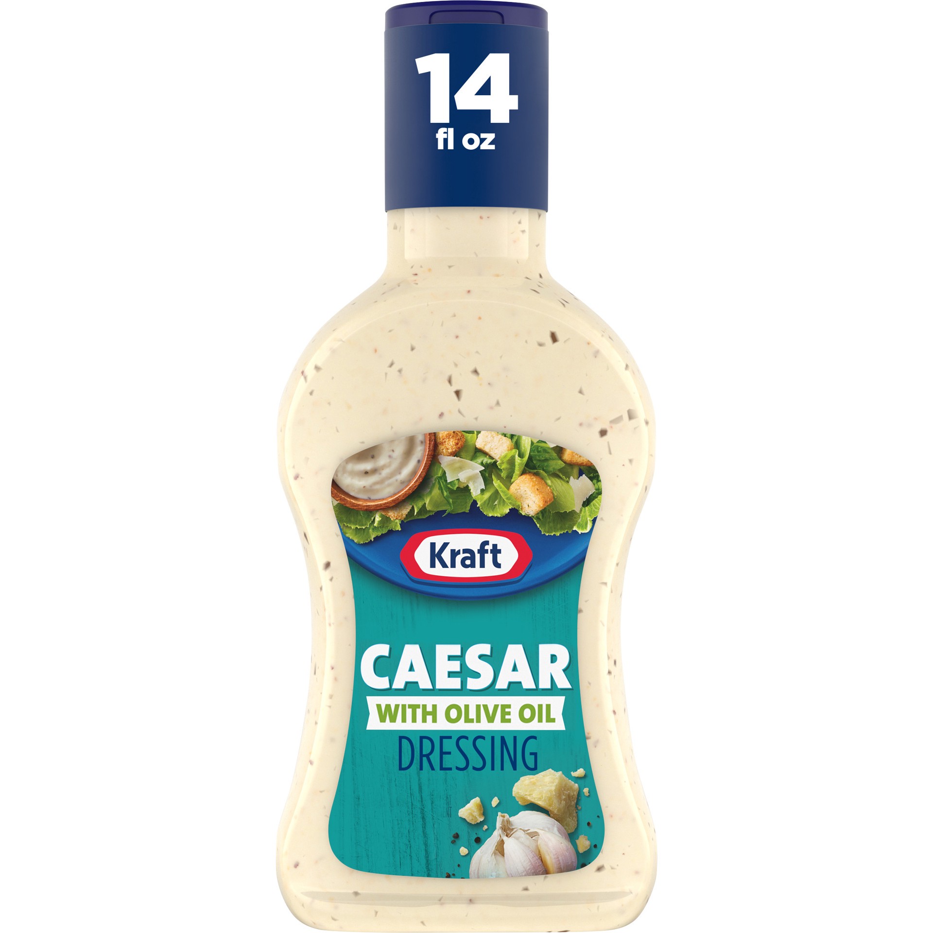 slide 1 of 14, Kraft Caesar Salad Dressing with Olive Oil, 14 fl oz Bottle, 14 fl oz