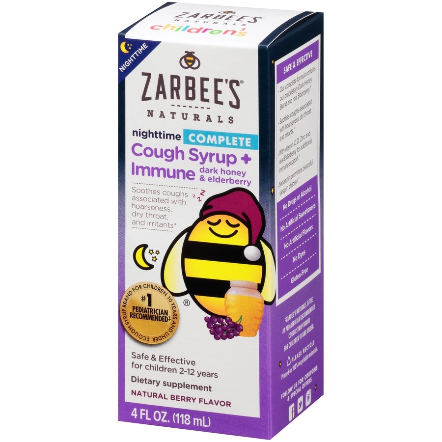 slide 1 of 4, Children's Zarbee's Naturals Cough Syrup & Immune Support Nighttime - Berry, 4 fl oz