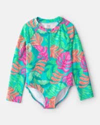 Carter's Girls Tropical Long-Sleeve 1-Piece Rashguard Swimsuit - Teal Multi 7