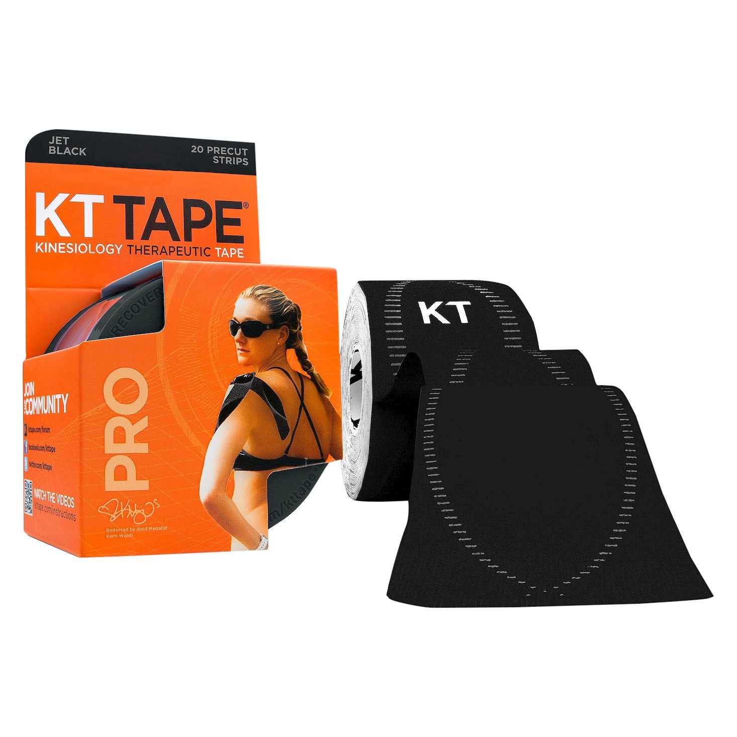 slide 1 of 2, KT Tape Pro Black 20 Pre cut Strips - Black, 5.56 yard