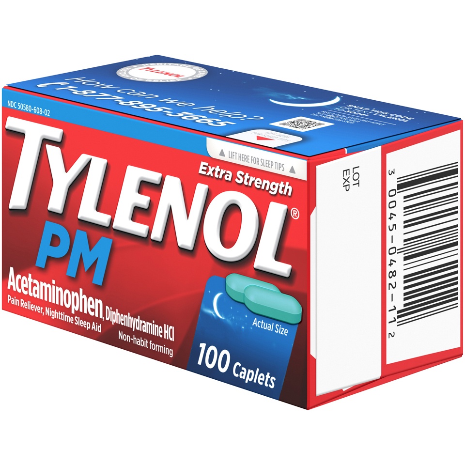 slide 3 of 6, Tylenol PM Extra Strength Pain Reliever & Sleep Aid Caplets - Acetaminophen - 100ct, 100 ct