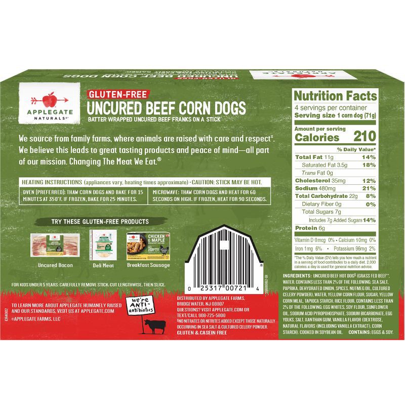 slide 2 of 5, Applegate Farms Applegate Gluten Free Frozen Uncured Beef Corn Dogs - 10oz/4ct, 4 ct; 10 oz