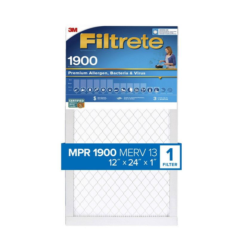 slide 12 of 13, Filtrete 12x24x1 Premium Allergen Bacteria and Virus Air Filter 1900 MPR: MERV 13, Electrostatic, Captures Dust & Pollen, 1 ct