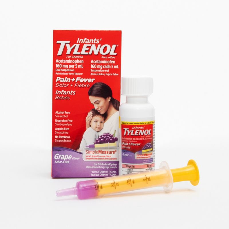 slide 8 of 10, Infants' Tylenol Pain Reliever and Fever Reducer Liquid Drops - Acetaminophen - Grape - 2 fl oz, 2 fl oz