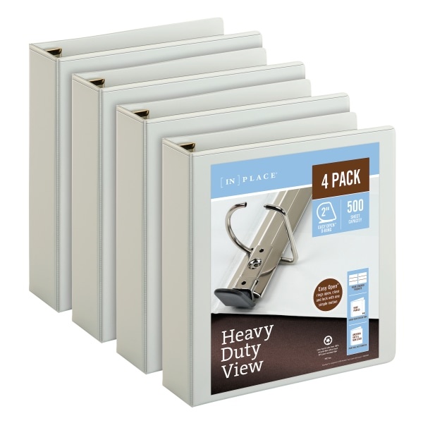 slide 1 of 7, Office Depot [In]Place Heavy-Duty View 3-Ring Binder, 2'' D-Rings, White, Pack Of 4, 4 ct