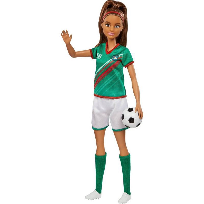 slide 2 of 6, Barbie Soccer Doll - Green #16 Uniform, 1 ct