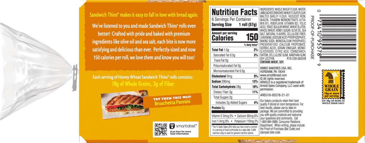 slide 5 of 5, Arnold Honey Wheat Pre-sliced Rolls, 6 count, 12 oz, 6 ct