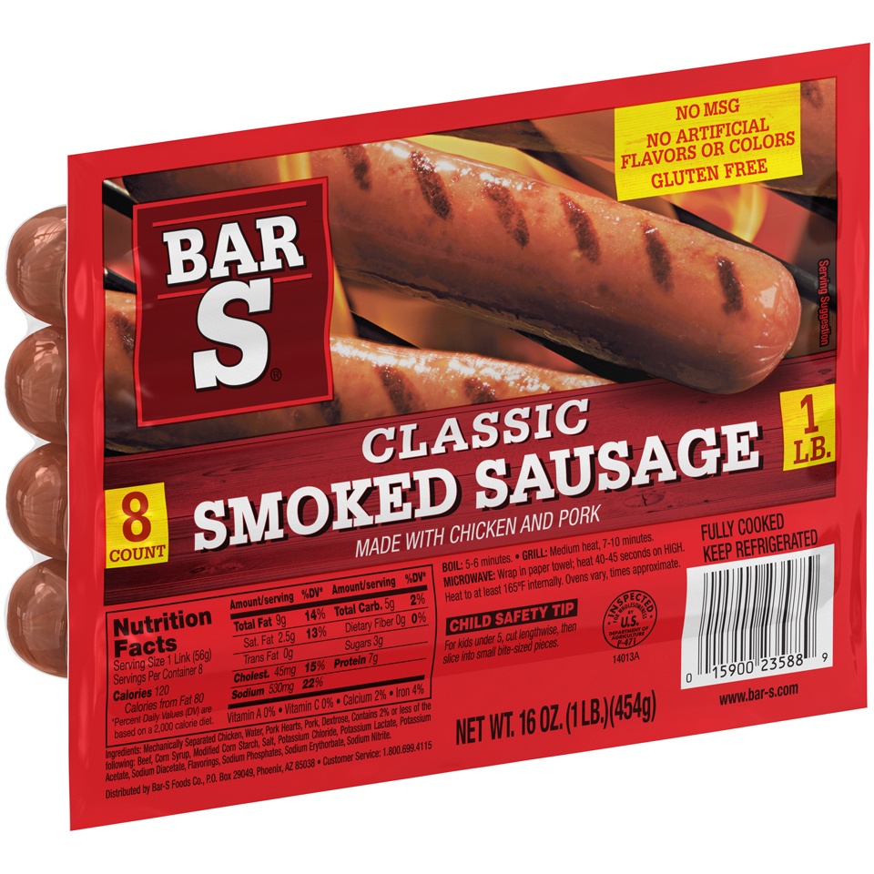 slide 2 of 7, Bar-S Skinless Smoked Sausage, 16 oz