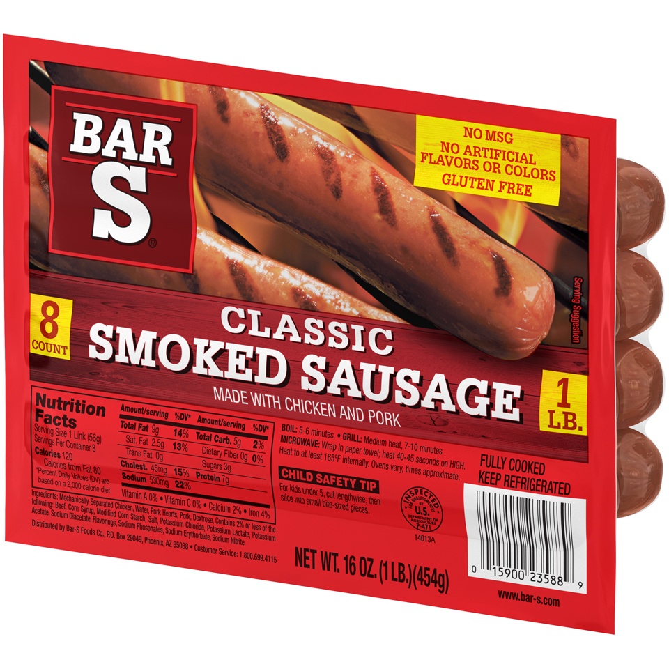 slide 3 of 7, Bar-S Skinless Smoked Sausage, 16 oz