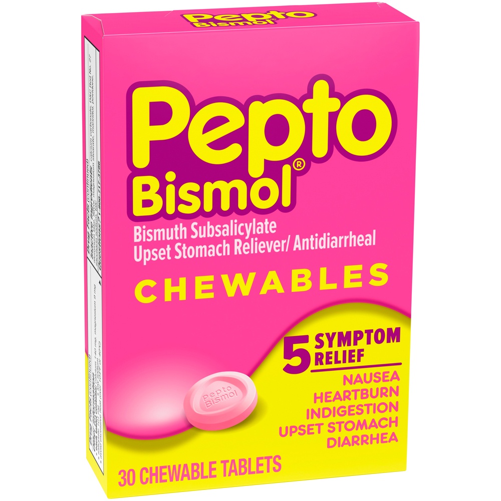 slide 3 of 3, Pepto-Bismol Upset Stomach Reliever/Antidiarrheal, Chewable Tablets, 30 ct