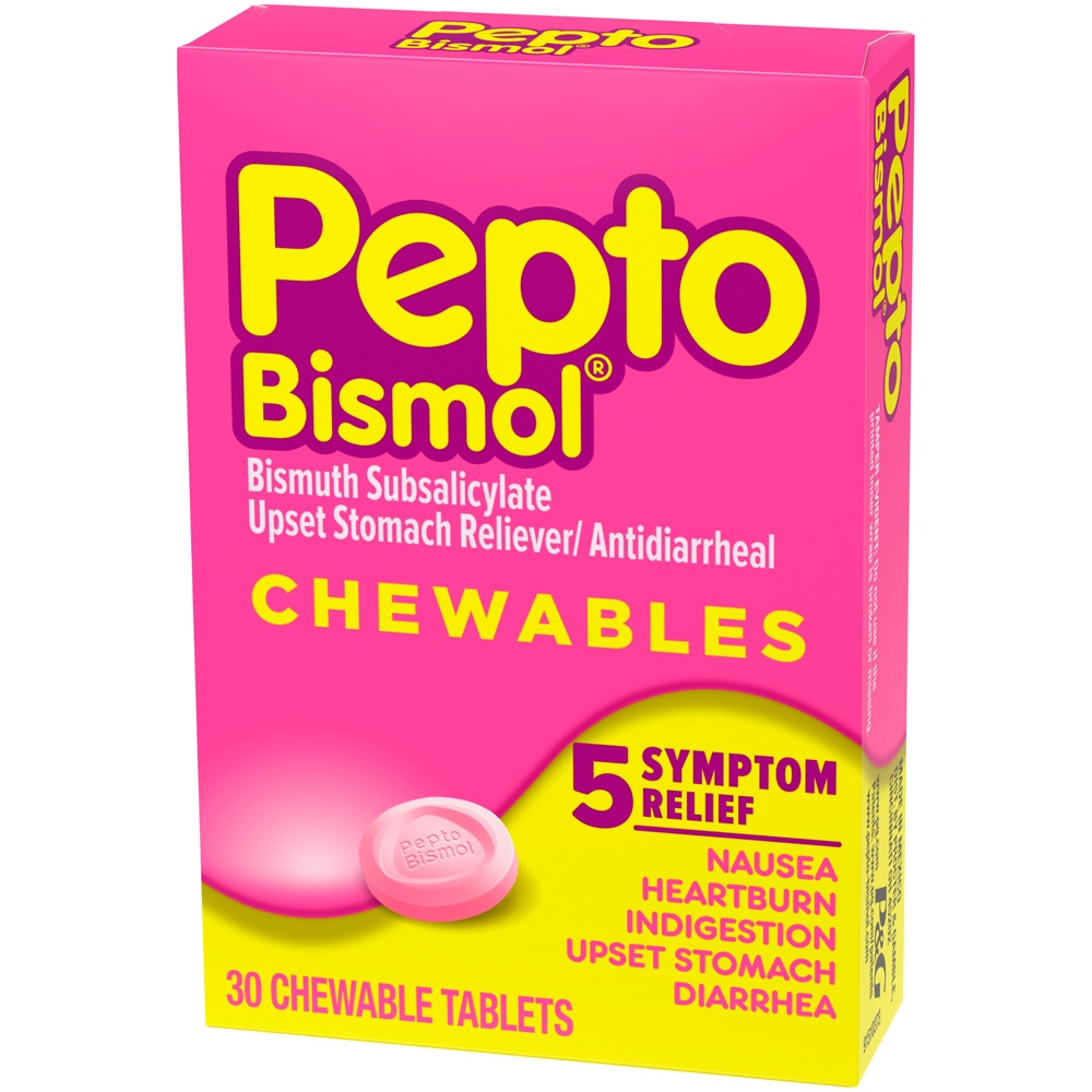 slide 2 of 3, Pepto-Bismol Upset Stomach Reliever/Antidiarrheal, Chewable Tablets, 30 ct