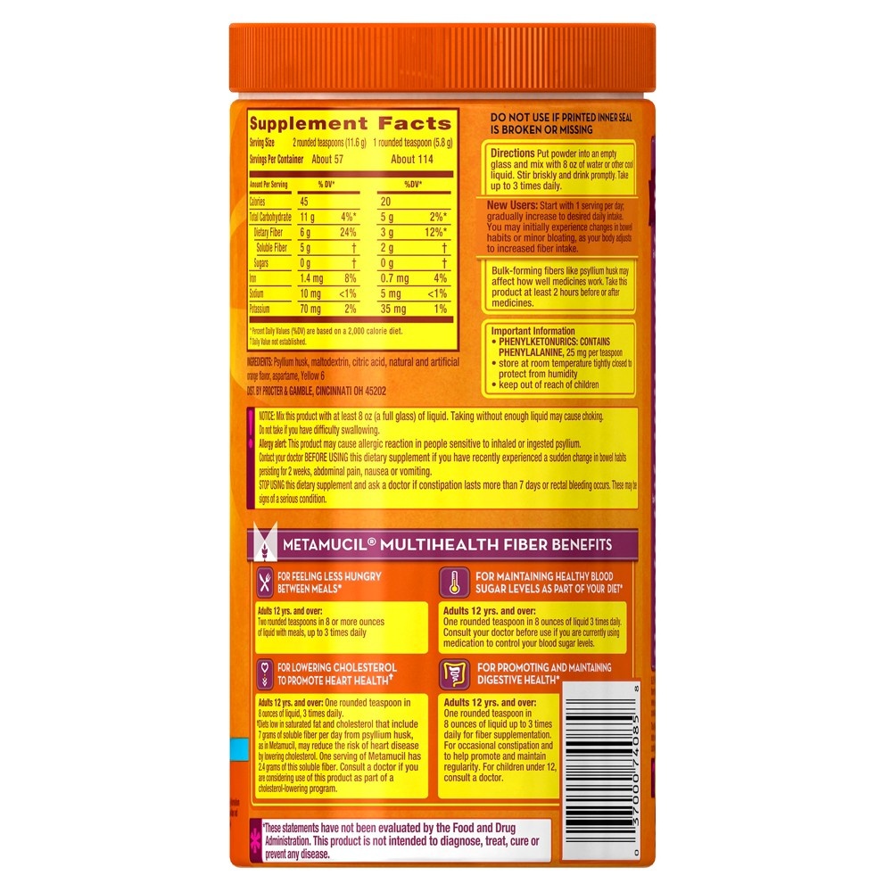 slide 2 of 3, Metamucil, Daily Psyllium Husk Powder Supplement, Sugar-Free Powder, 4-in-1 Fiber for Digestive Health, Orange Flavored Drink, 114 teaspoons, 23.3 oz