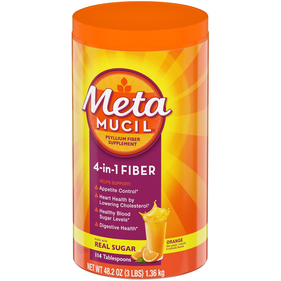 slide 2 of 2, Metamucil, Daily Psyllium Husk Powder Supplement with Real Sugar, 4-in-1 Fiber for Digestive Health, Orange Smooth Flavored Drink, 114 Servings, 48.2 oz