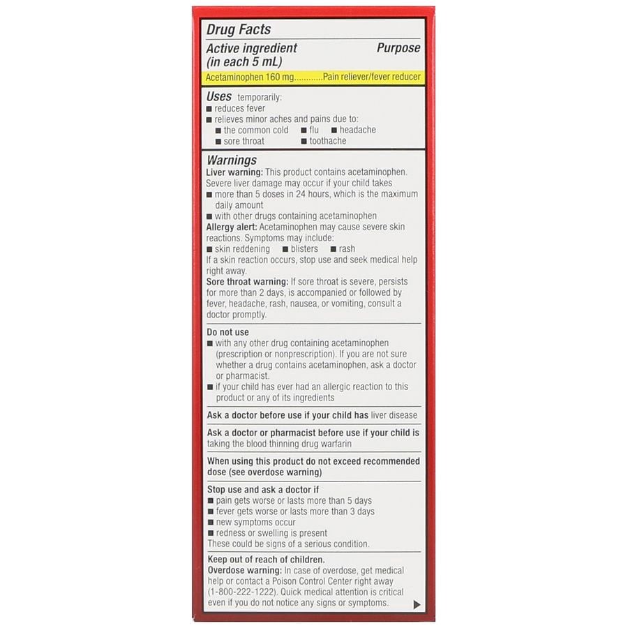 slide 5 of 5, Walgreens Children's Pain & Fever Acetaminophen 160 mg Oral Suspension Dye-Free Cherry, 4 fl oz