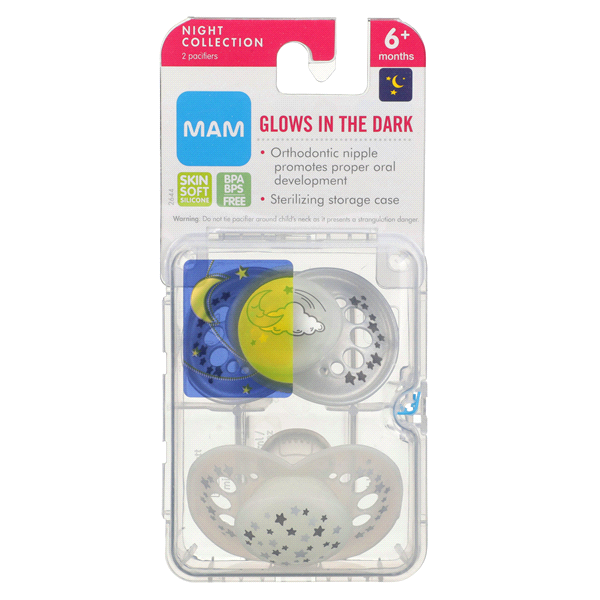 slide 1 of 1, MAM Glow in the Dark Night Orthodontic Pacifier, 0-6 Months, 2 ct