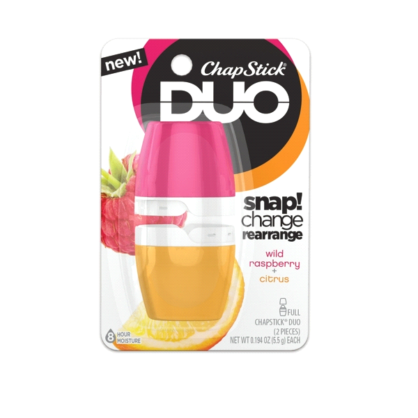 slide 1 of 1, ChapStick DUO Lip Balm 8 Hour Moisture Citrus And Wild Raspberry Flavors, 1 ct