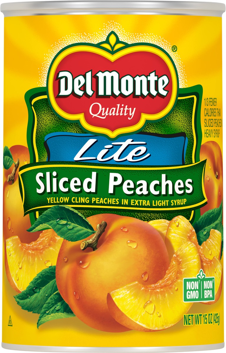 slide 1 of 7, Del Monte Lite Sliced Peaches 15 oz Can, 15 oz