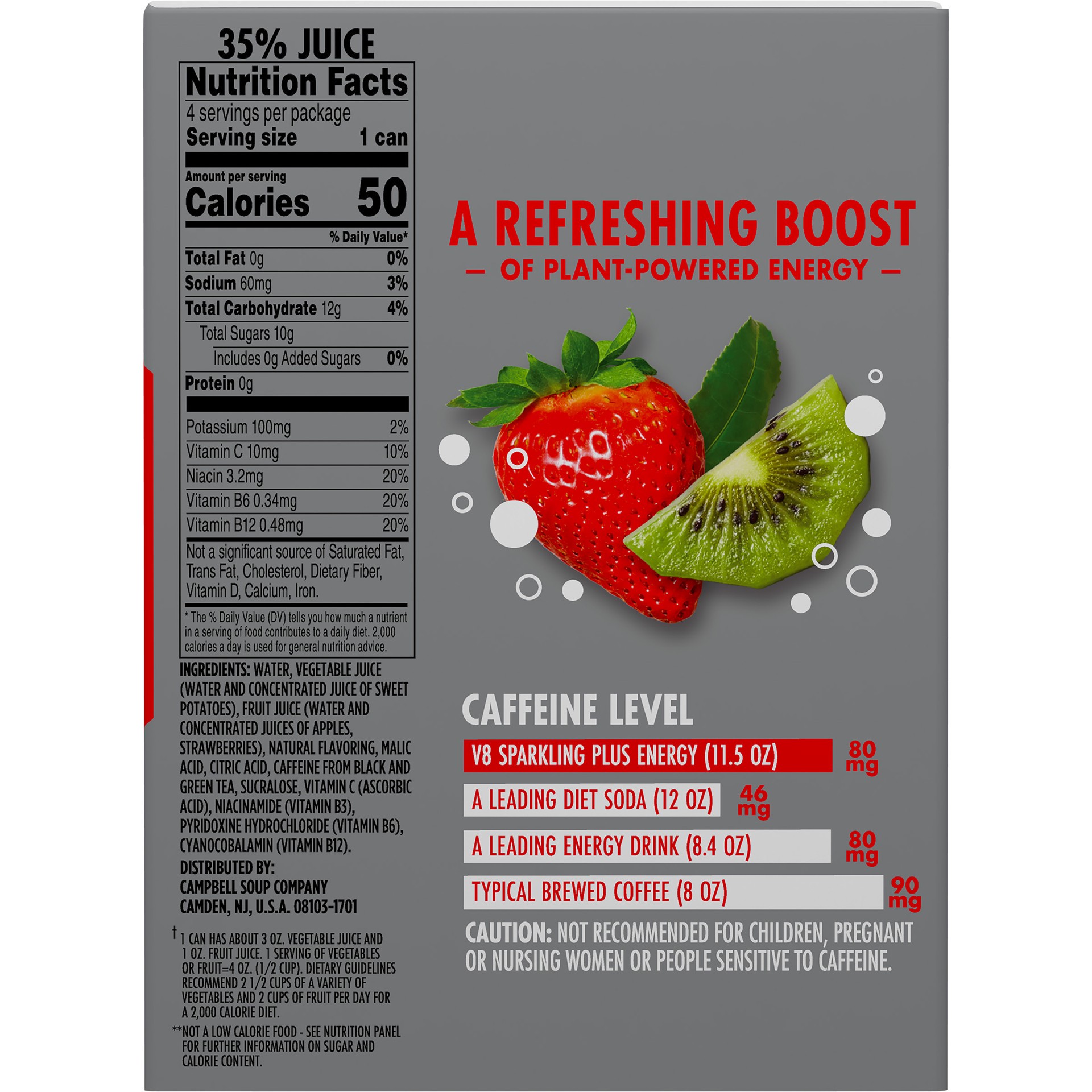 slide 4 of 5, V8 +Energy Sparkling Strawberry Kiwi Juice Energy Drink, 11.5 fl oz Can (4 Pack), 46 oz