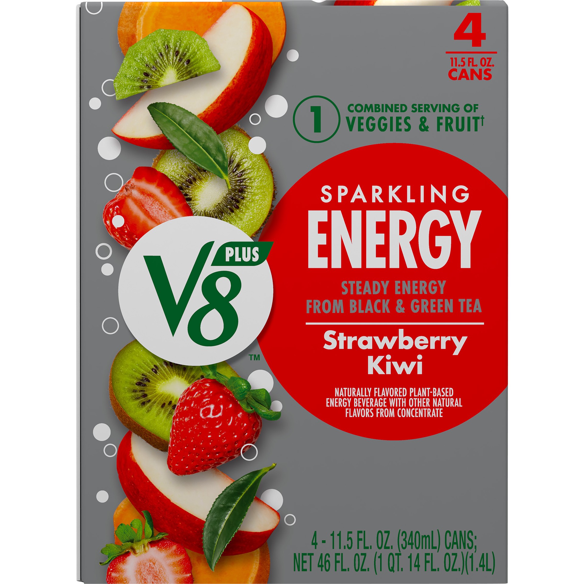 slide 2 of 5, V8 +Energy Sparkling Strawberry Kiwi Juice Energy Drink, 11.5 fl oz Can (4 Pack), 46 oz