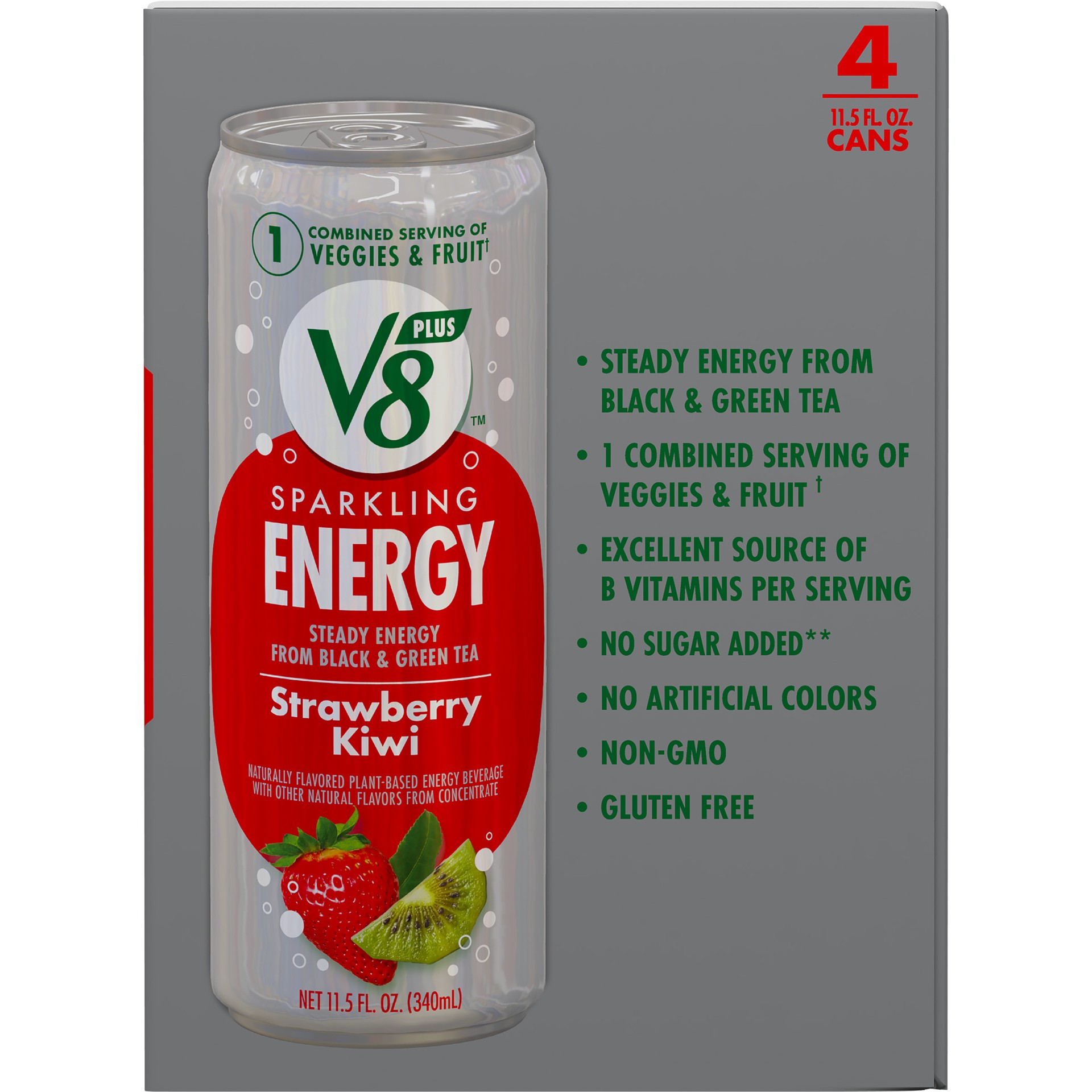 slide 5 of 5, V8 +Energy Sparkling Strawberry Kiwi Juice Energy Drink, 11.5 fl oz Can (4 Pack), 46 oz