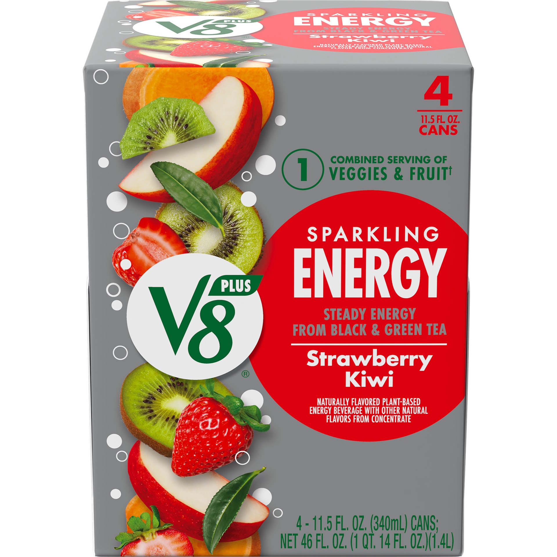 slide 1 of 5, V8 +Energy Sparkling Strawberry Kiwi Juice Energy Drink, 11.5 fl oz Can (4 Pack), 46 oz