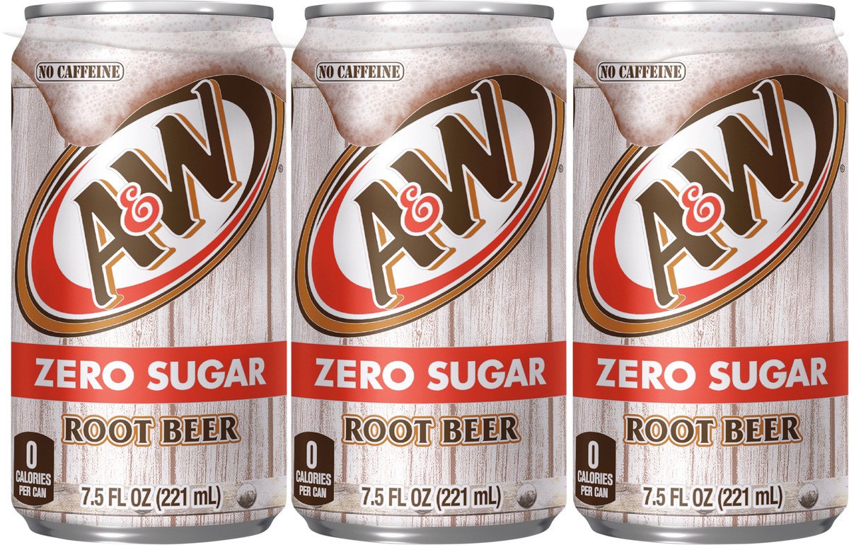 slide 5 of 9, A&W Zero Sugar Root Beer Soda, 7.5 fl oz mini cans, 6 pack, 6 ct; 7.5 fl oz