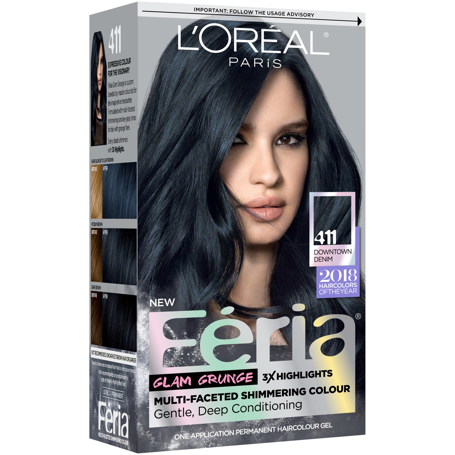 slide 4 of 8, L'Oréal Paris Feria Multi-faceted Shimmering Permanent Hair Color 411 Downtown Denim, 1 ct