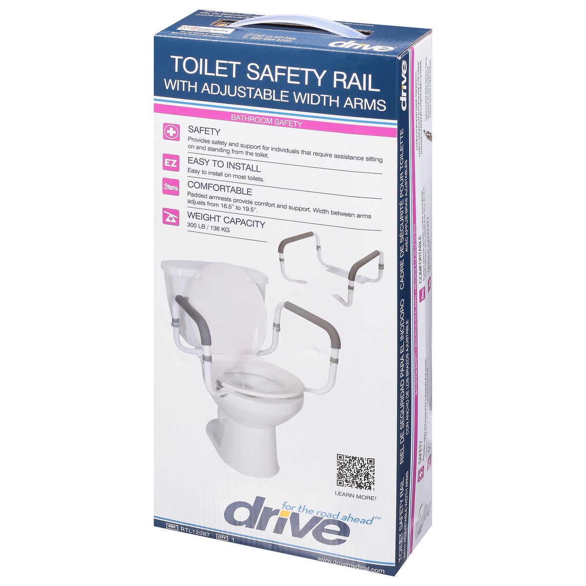 slide 2 of 9, Drive Toilet Safety Rail With Adjustable Width Arms, 1 ct