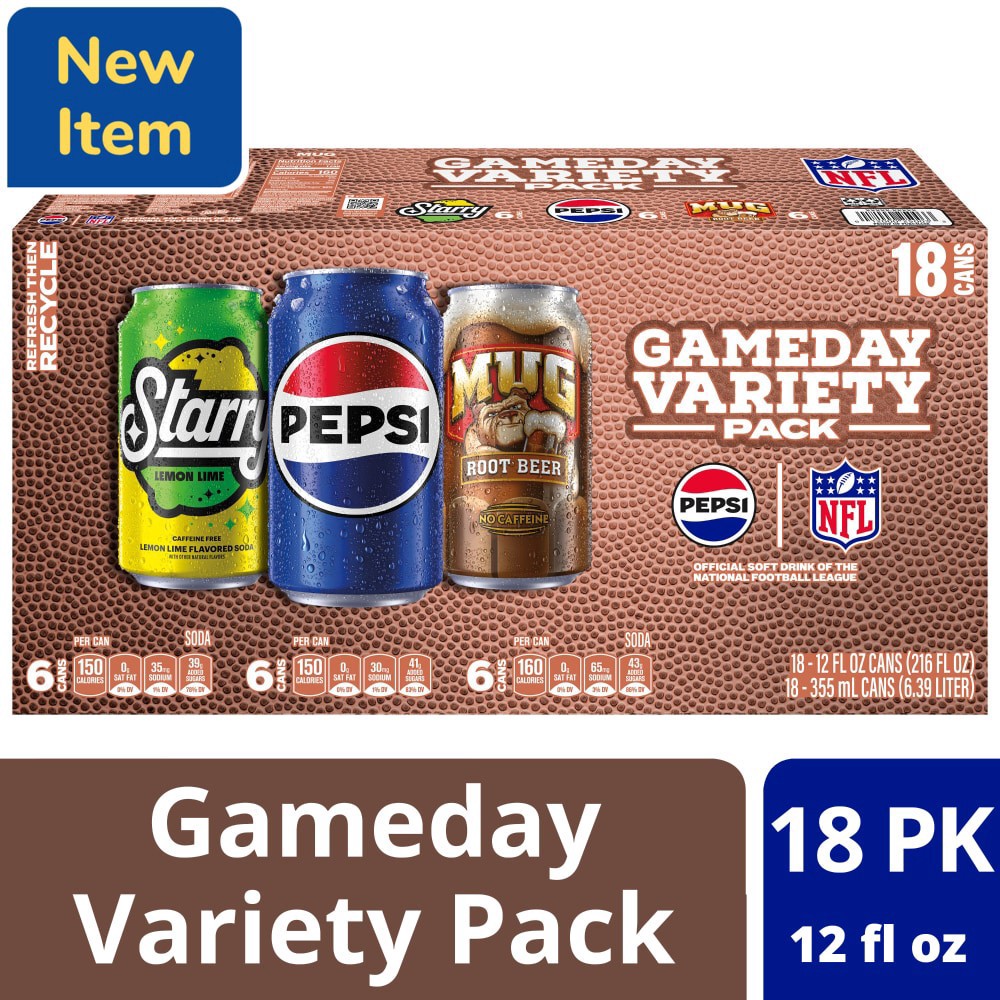 slide 2 of 6, Pepsi Starry and Mug Gameday Variety Pack Soda Cans, 18 ct; 12 fl oz