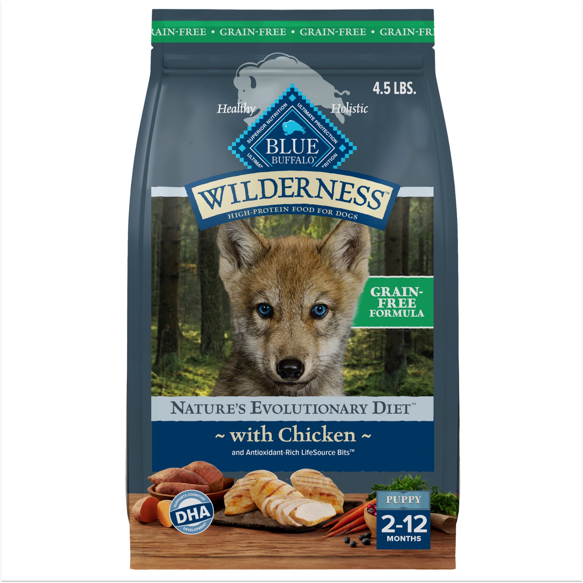 slide 1 of 9, Blue Buffalo Wilderness High Protein, Natural Puppy Dry Dog Food, Chicken 4.5-lb, 4.5 lb