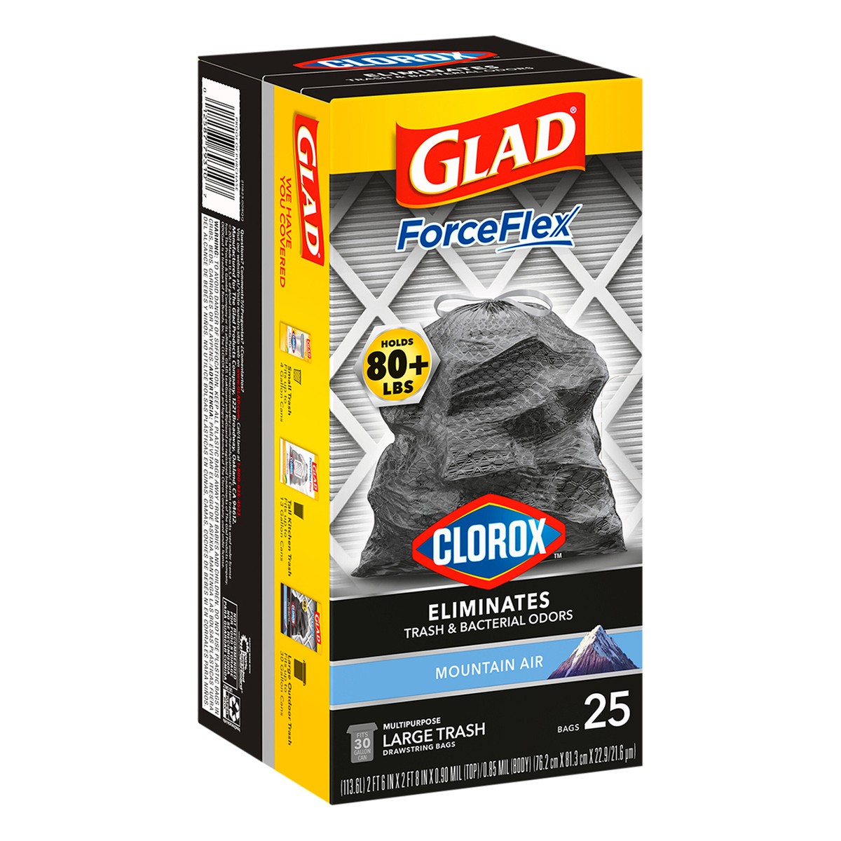 slide 9 of 9, Glad ForceFlex with Clorox Large Drawstring Mountain Air Trash Bags, 25 ct