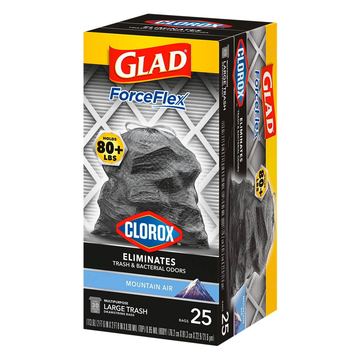 slide 8 of 9, Glad ForceFlex with Clorox Large Drawstring Mountain Air Trash Bags, 25 ct