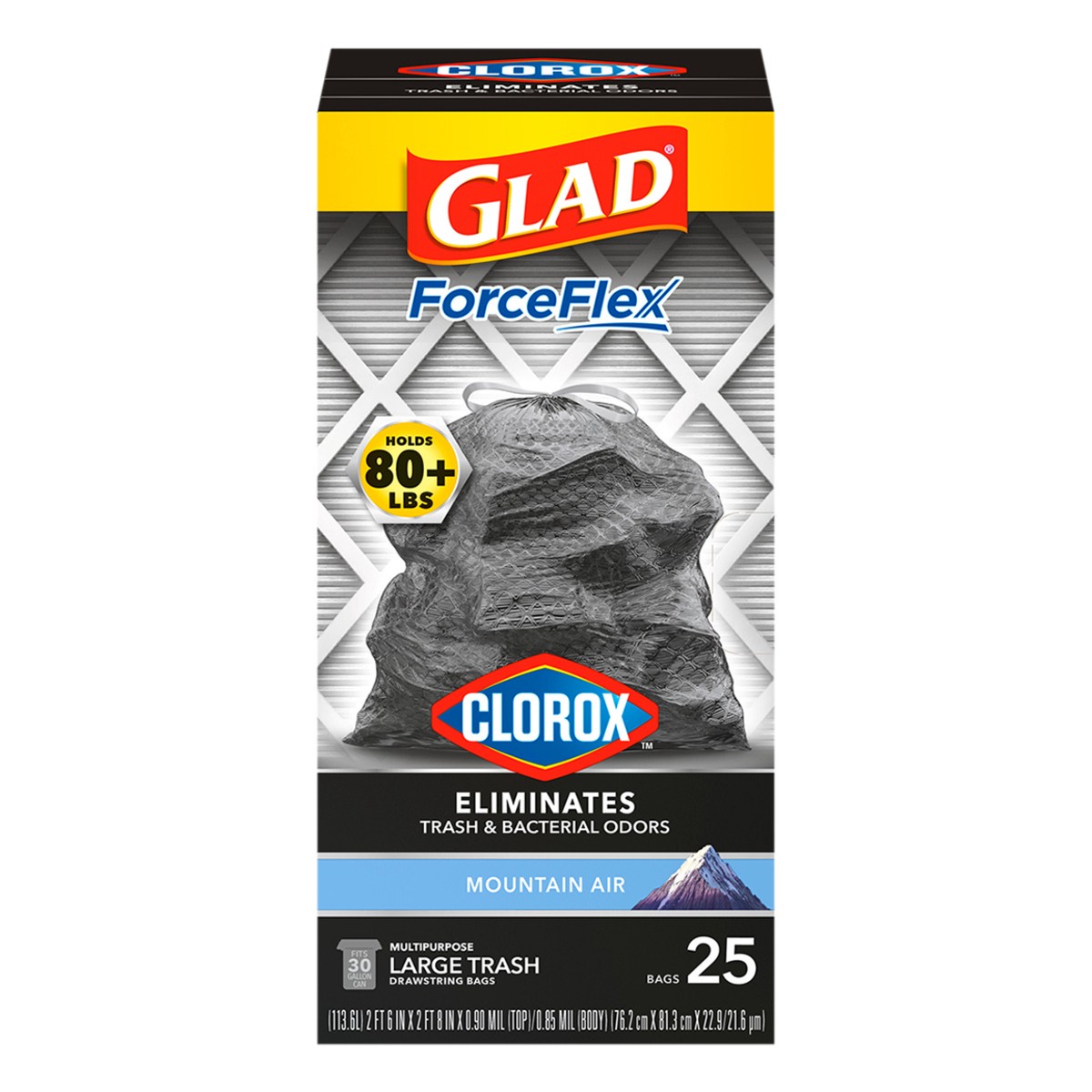 slide 1 of 9, Glad ForceFlex with Clorox Large Drawstring Mountain Air Trash Bags, 25 ct