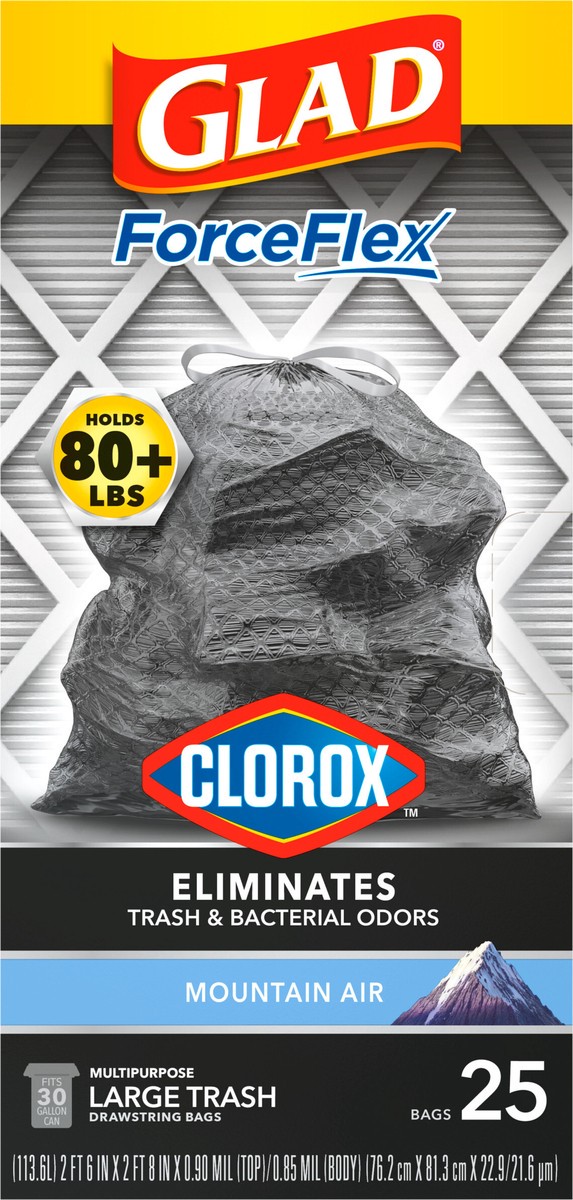 slide 4 of 9, Glad ForceFlex with Clorox Large Drawstring Mountain Air Trash Bags, 25 ct