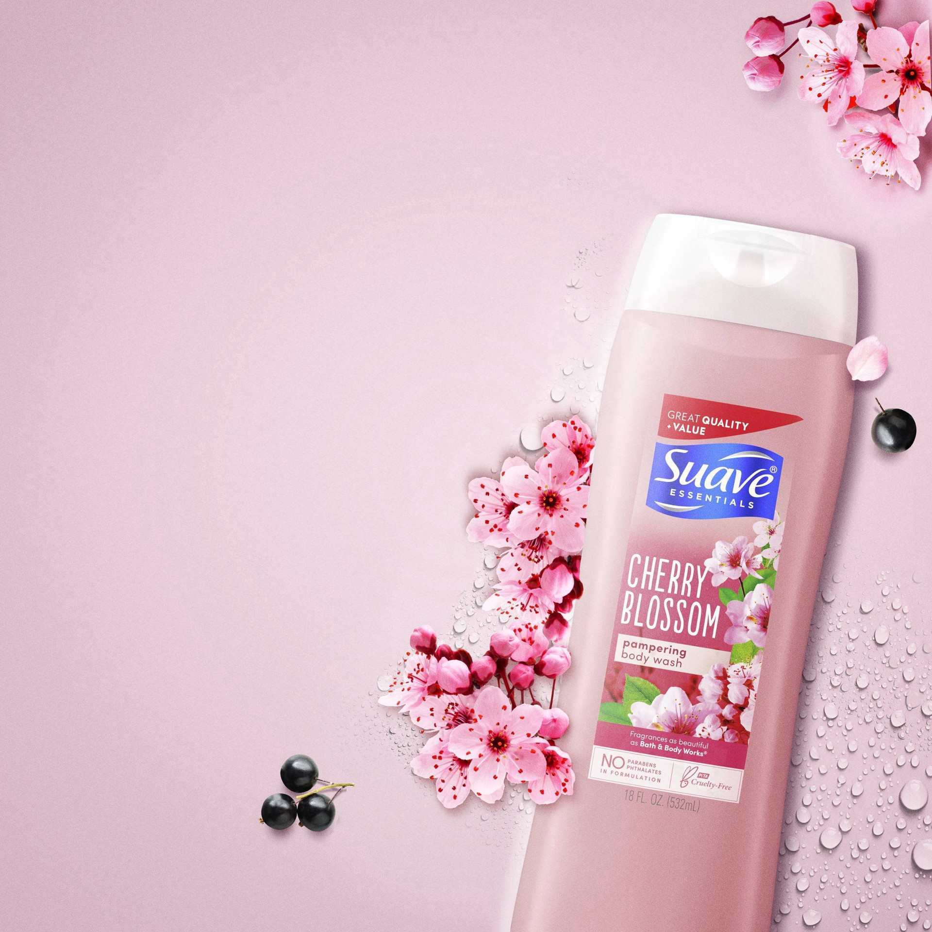 slide 8 of 11, Suave Essentials Gentle Body Wash Wild Cherry Blossom With a Floral Oil Blend Essence Infused with Vitamin E & Cherry Blossom Extract 18 oz, 18 oz