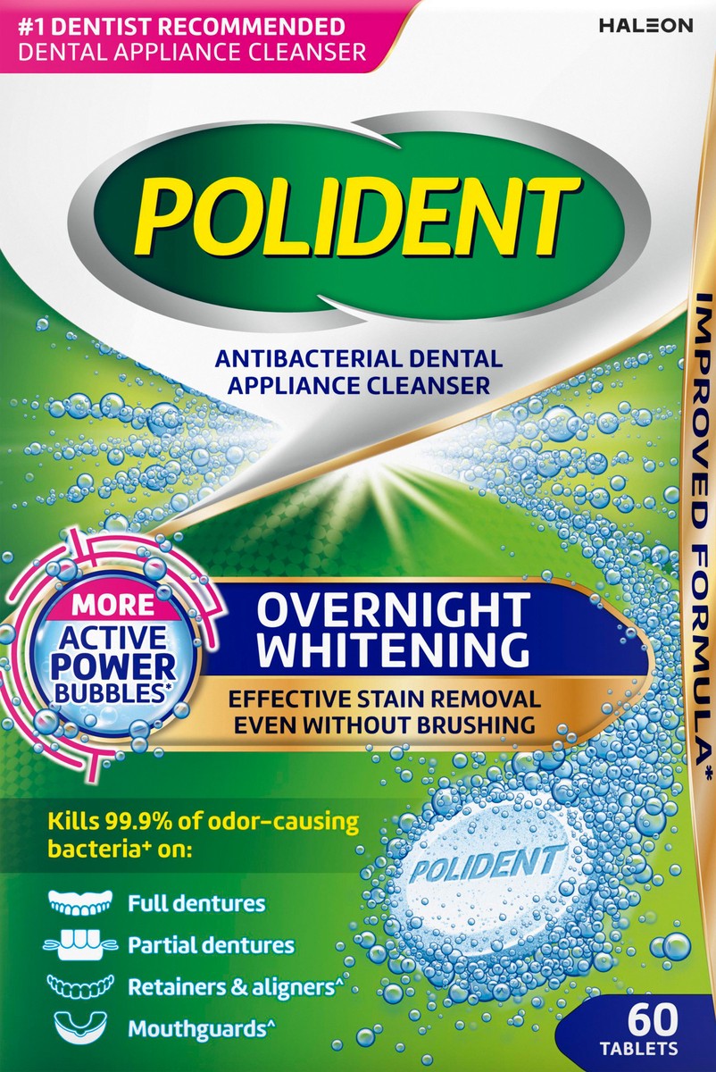 slide 4 of 12, Polident Overnight Whitening Denture Cleaner 60 Count, 60 ct